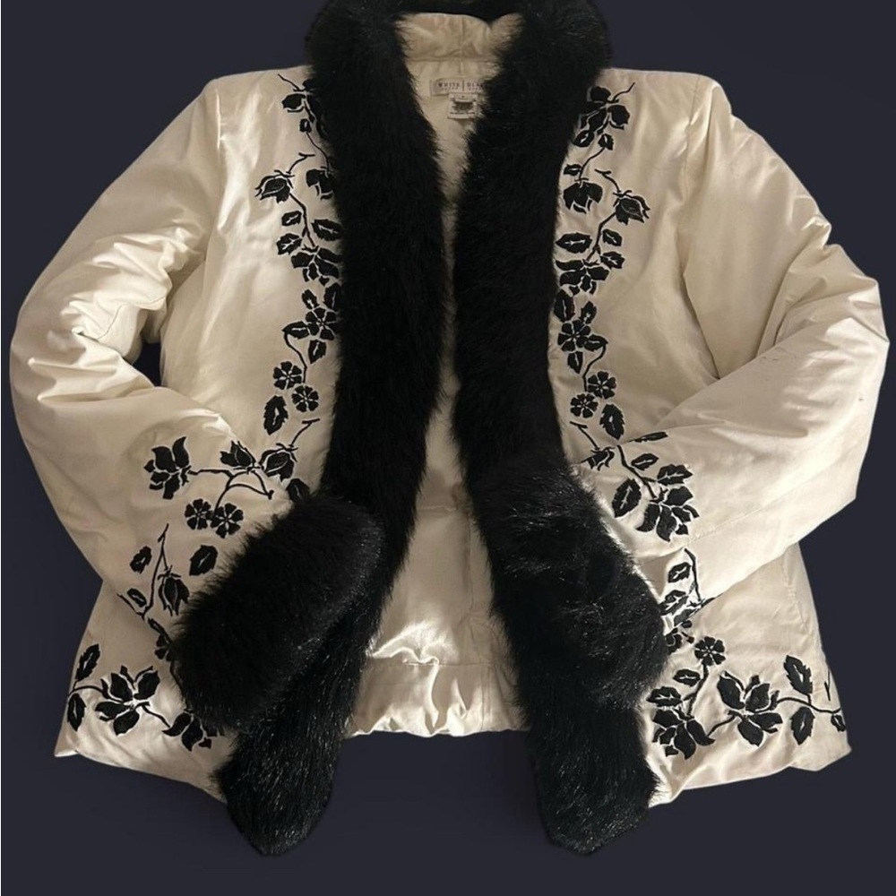 White House Black Market Black and White Teddy Jacket with Fur Trim
